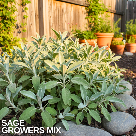 Bushy clump of grey-green and pale variegated sage leaves in a sunny garden bed, caption text overlaid