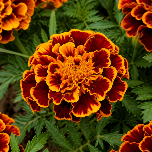 Double French marigold with ruffled mahogany-red petals edged gold above ferny green foliage