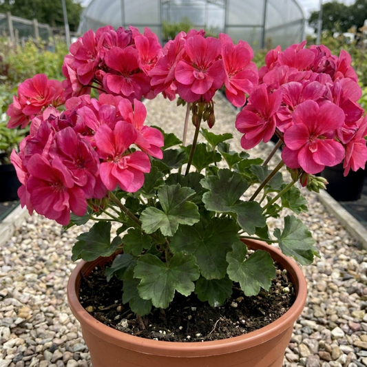 Potted geranium with rounded heads of deep rose-pink flowers above scalloped green leaves