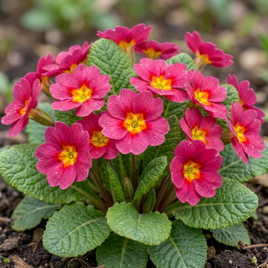 Rosette of deep pink primrose flowers with yellow eyes above crinkled green leaves
