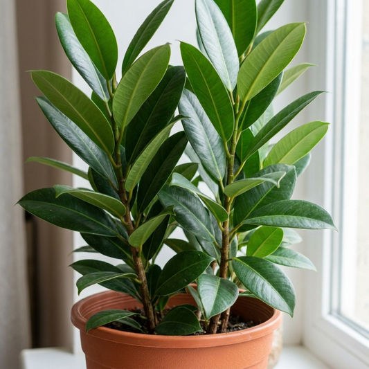 Upright fig with dense glossy oval dark green leaves on woody stems in a terracotta pot by a window