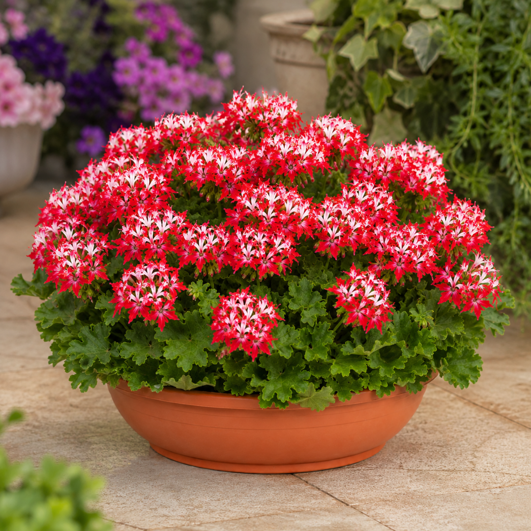Terracotta bowl of zonal pelargoniums with starry red and white flowers over scalloped green leaves
