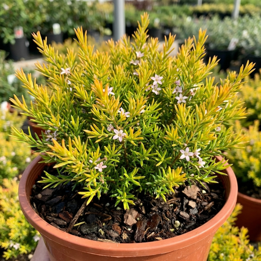 Compact Diosma in a terracotta pot, golden needle-like aromatic foliage studded with tiny white star flowers