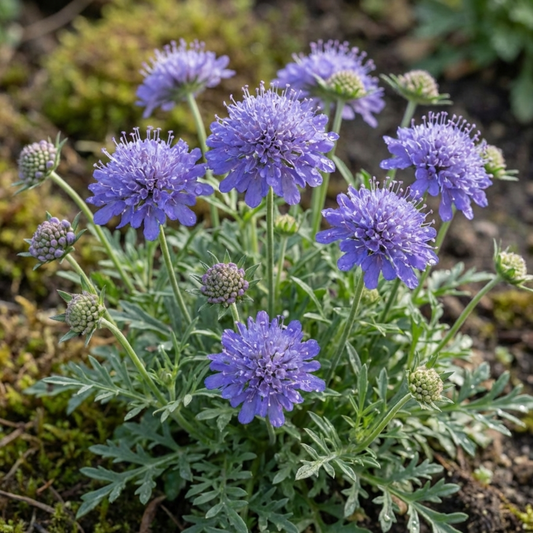 Lavender-blue scabious pincushion flowers and tight buds on wiry stems above finely cut grey-green leaves