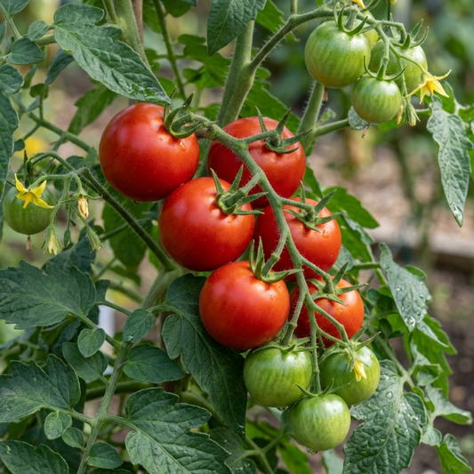 Truss of round red tomatoes ripening beside a truss of green fruit on a cordon vine
