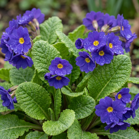 Deep violet-blue primrose flowers with bright yellow eyes above crinkled fresh green foliage