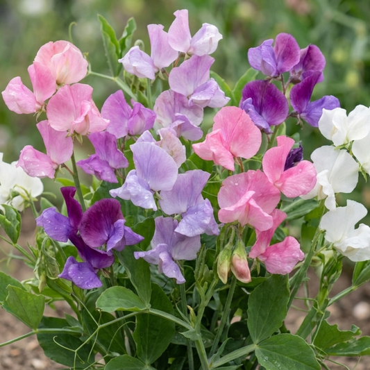 Sweet pea flowers in pink, lilac, purple and white on slender stems with green leaves