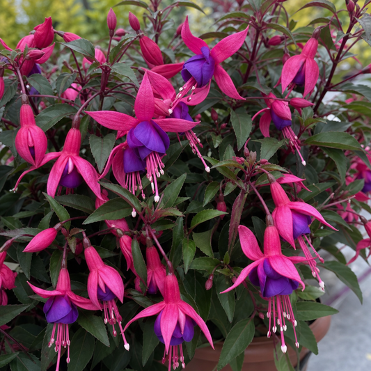 Cerise-pink sepals with deep violet double skirts on a bushy fuchsia in a terracotta pot