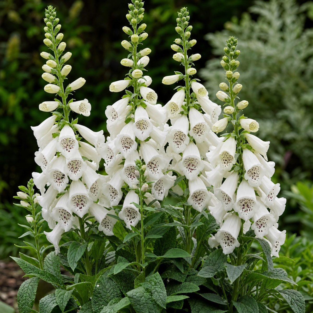 Upright foxglove spires of pure white bells freckled maroon inside, over soft green leaves