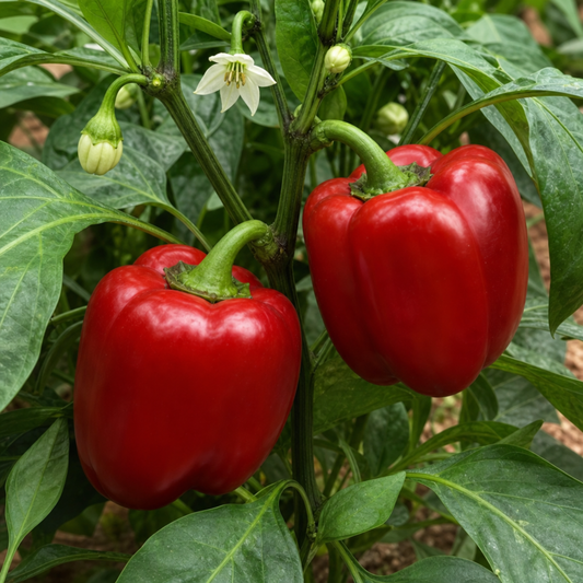 Two large glossy red blocky bell peppers on the plant with a white star flower