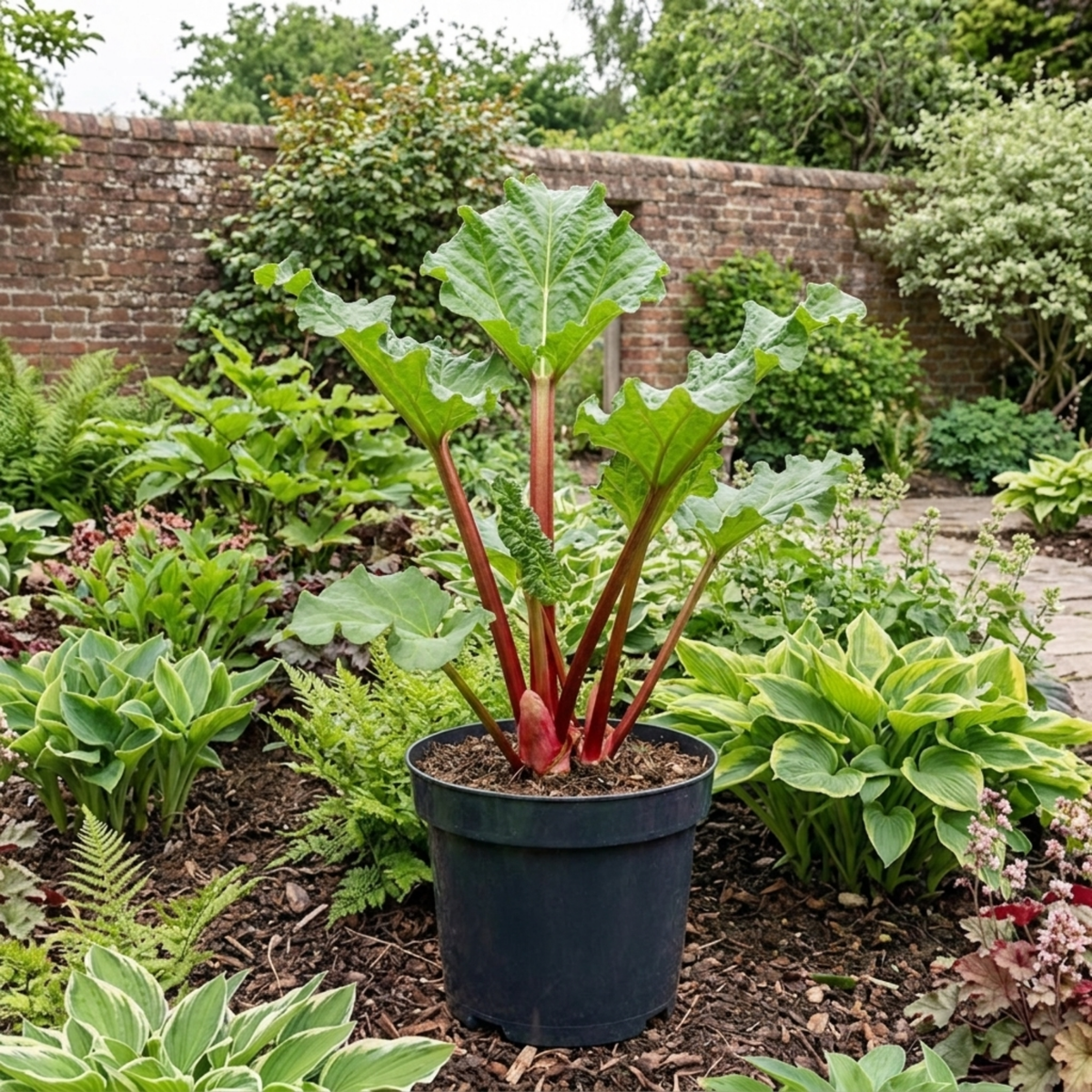 Rhubarb plant with crinkled green leaves on red stalks in a black pot in a shady hosta border