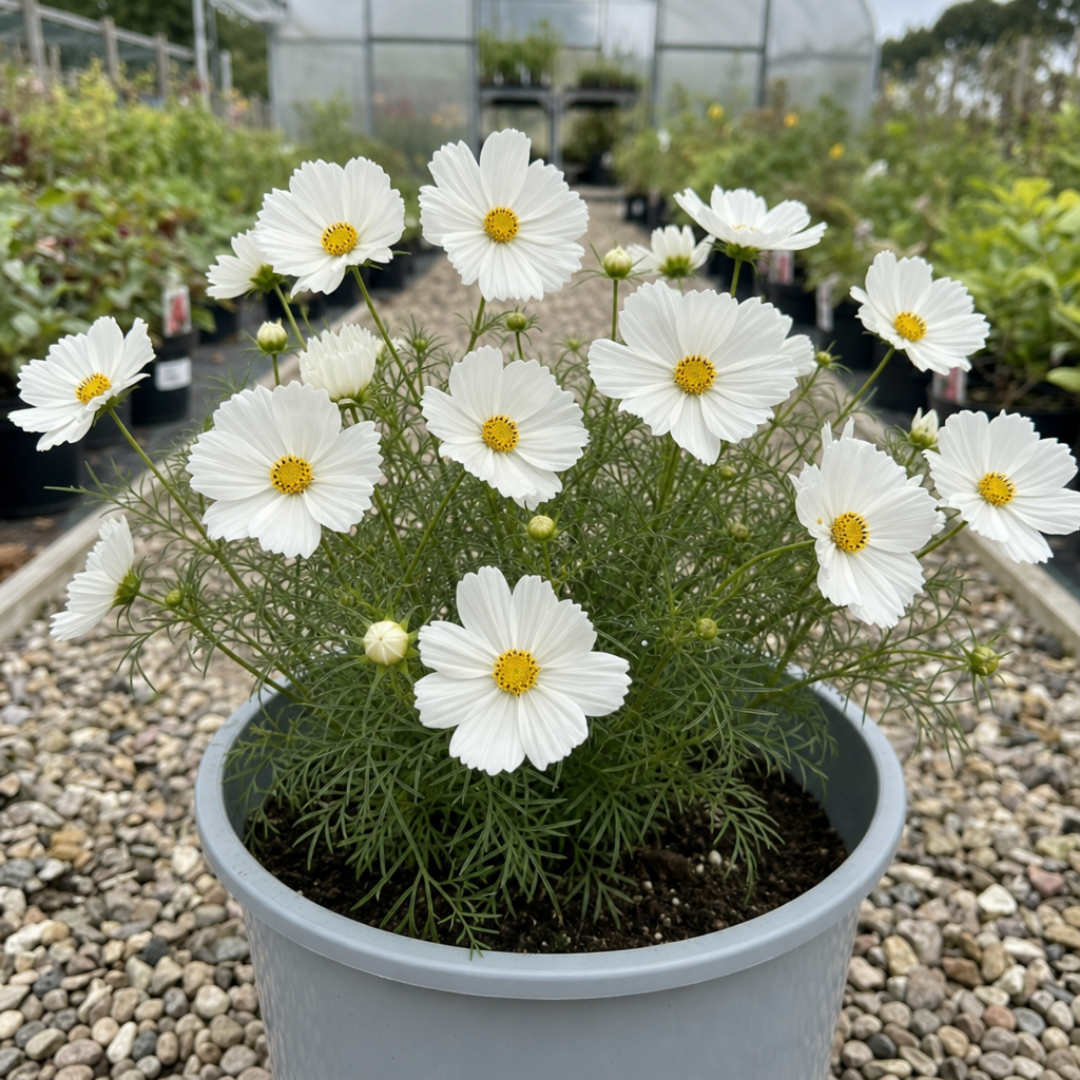 Grey pot of white cosmos daisies with yellow centres above feathery foliage on nursery gravel