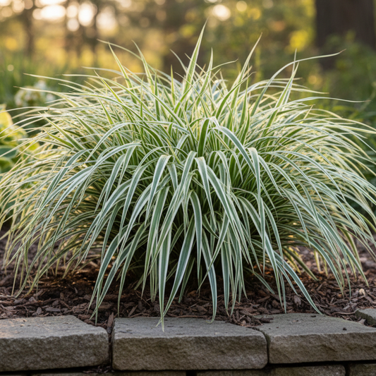 Arching clump of variegated carex grass with cream-striped green blades in a border