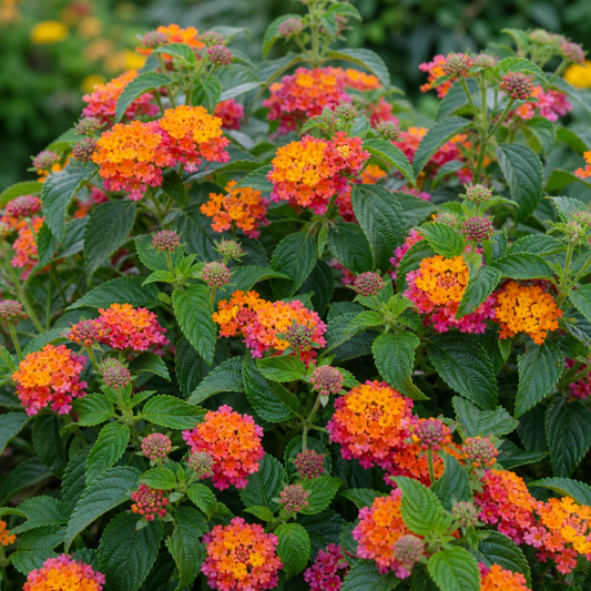 Bushy lantana covered in orange and pink domed flower heads over deep green crinkled leaves