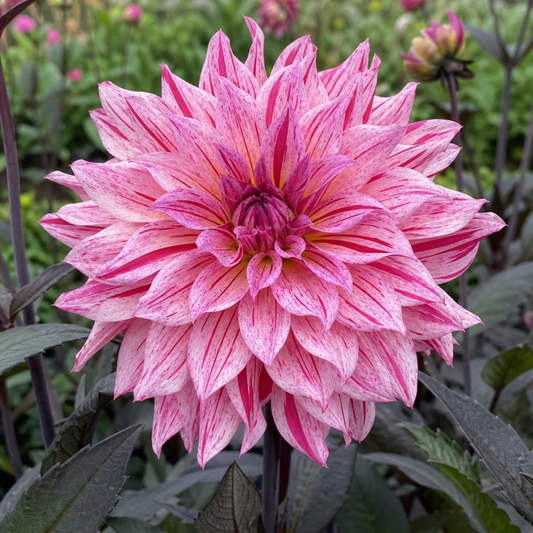 Large double dahlia with pale pink petals finely striped and flecked deep pink, dark foliage below