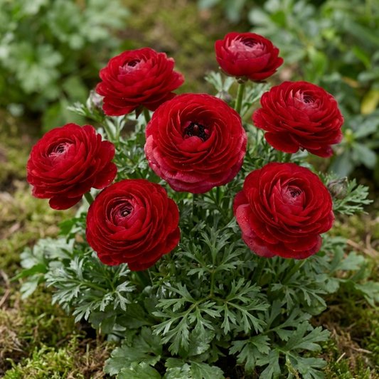 Deep red fully double ranunculus blooms on upright stems above finely cut green foliage