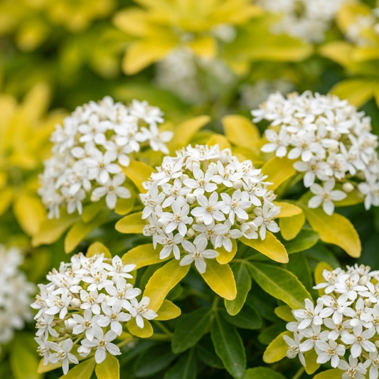 Clusters of small white star flowers among bright golden-yellow evergreen leaves