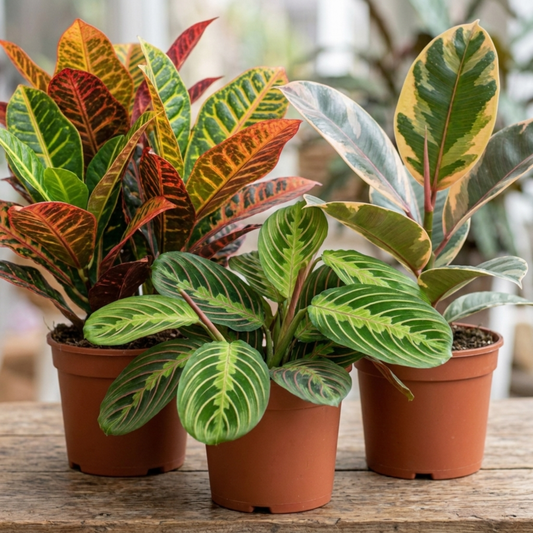 Three pots on wood: multicoloured croton, green-striped prayer plant and cream-variegated rubber plant