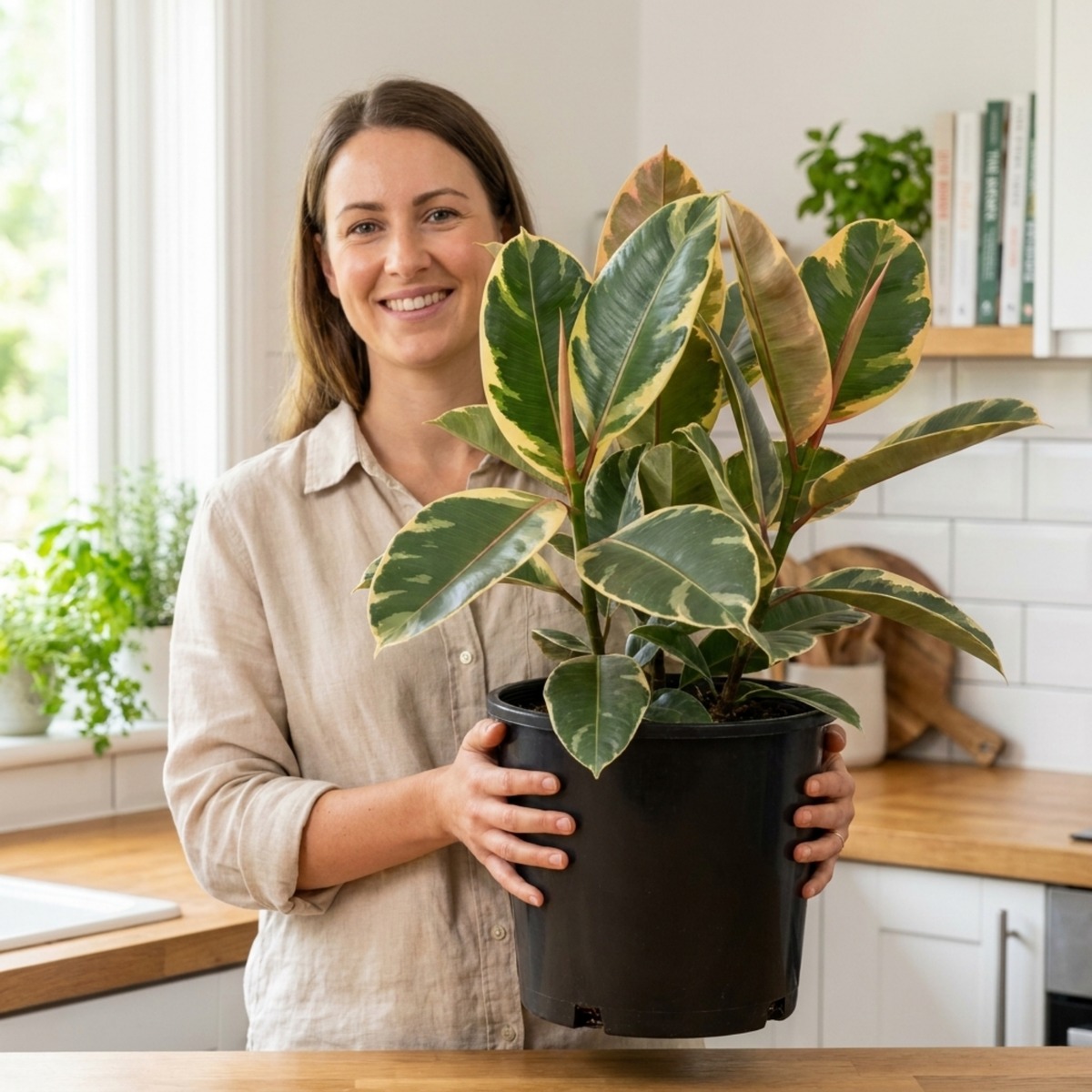 Ficus elastica 'Tineke' (Rubber Plant) – Variegated Houseplant (5L Pot)