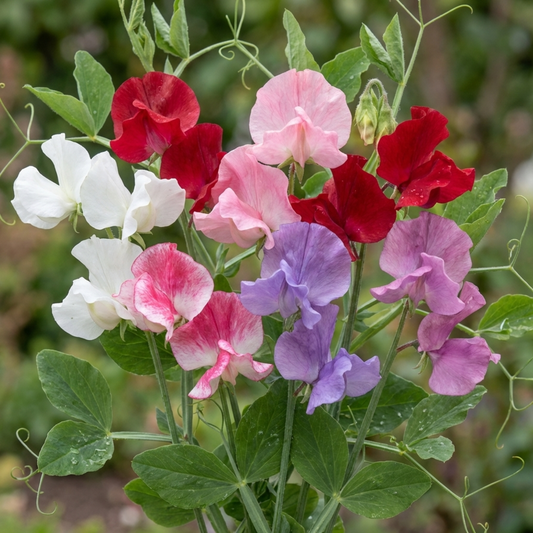 Mixed sweet peas in red, pink, white and lavender on long stems among green foliage