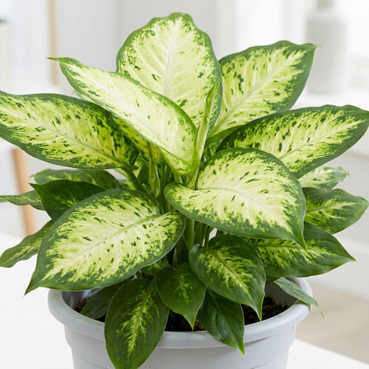 Dieffenbachia with broad cream-centred leaves edged deep green, in a white pot indoors