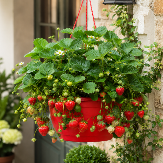 Red hanging basket of strawberries trailing ripe red fruit, white flowers and green leaves by a wall