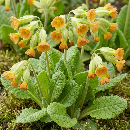 Cowslips in flower, nodding tubular orange-yellow blooms on upright stems above crinkled green rosettes