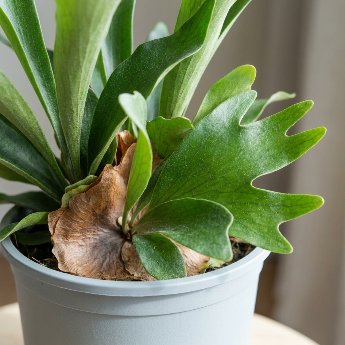 Staghorn fern in a grey pot with antler-shaped green fronds above a papery brown shield frond