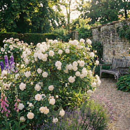 Large white bush rose smothered in creamy double blooms in a walled garden with lavender and a bench