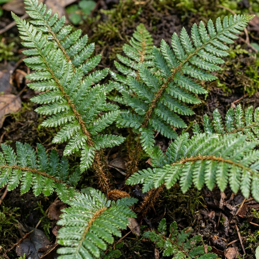 Glossy dark green fern fronds with finely toothed leaflets spreading over a mossy woodland floor