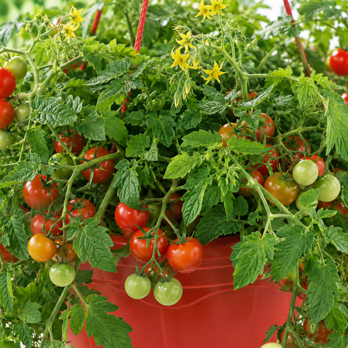 Red hanging basket spilling trailing tomato stems with red and green cherry fruits and yellow flowers