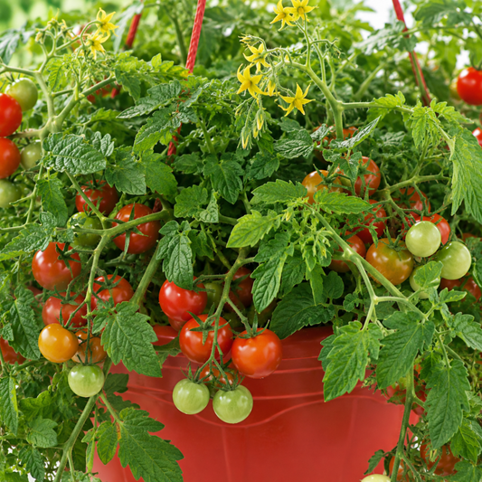 Red hanging basket spilling trailing tomato stems with red and green cherry fruits and yellow flowers