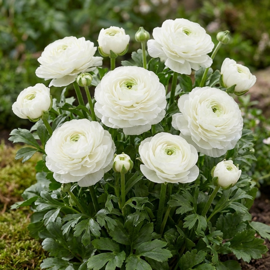 Pure white fully double ranunculus blooms with green eyes above glossy divided foliage