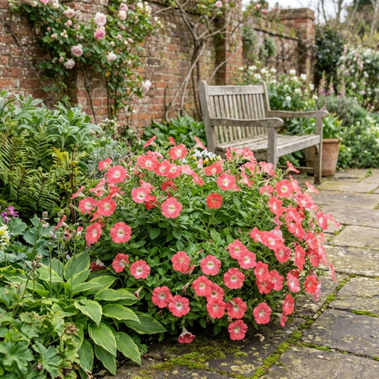 Mound of coral-pink petunias with pale centres spilling over paving beside a garden bench
