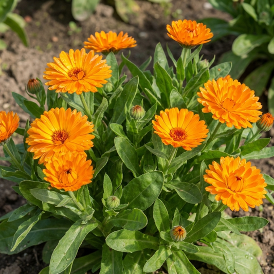 Clump of double orange calendula daisies with darker centres above fresh green leaves