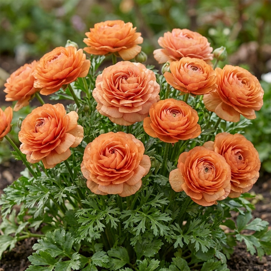 Apricot-orange double ranunculus blooms on slender stems above ferny green foliage