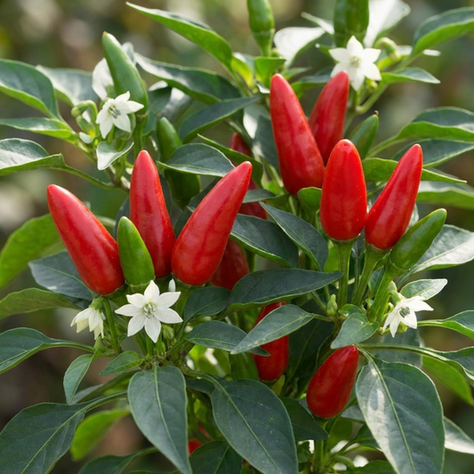 Compact chilli plant with upright pointed red and green fruits, white star flowers and dark leaves