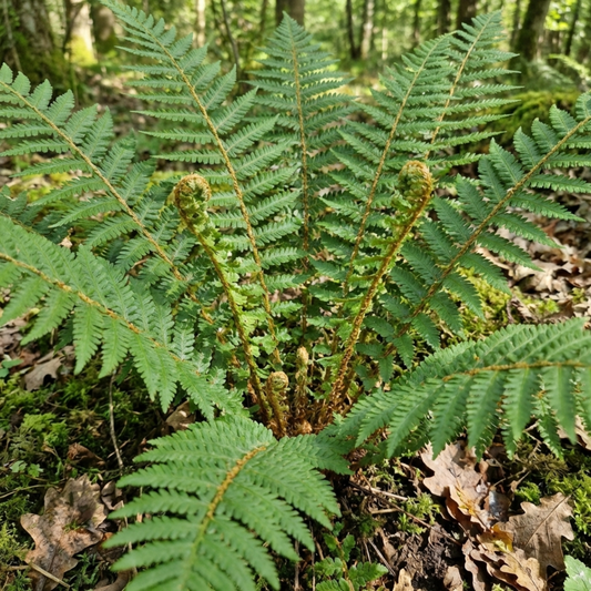 Golden male fern forming a shuttlecock of arching green fronds with unfurling croziers