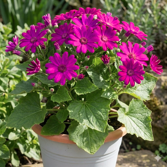 Pericallis in a white pot with rich cerise-purple daisy flowers above large lobed green leaves