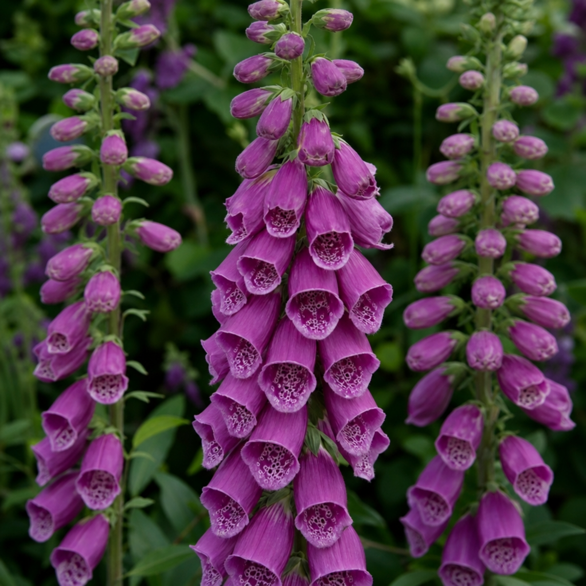 Dense foxglove spires of magenta-purple bells with white speckled throats against dark foliage