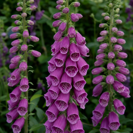 Dense foxglove spires of magenta-purple bells with white speckled throats against dark foliage