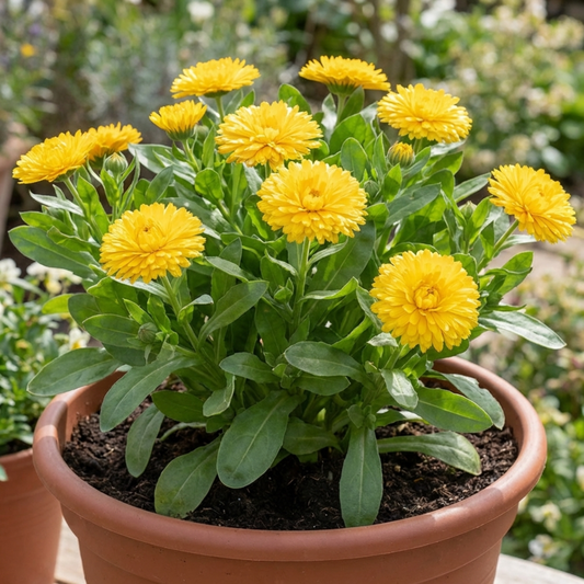 Golden yellow double calendula flowers on leafy stems in a terracotta pot in a garden