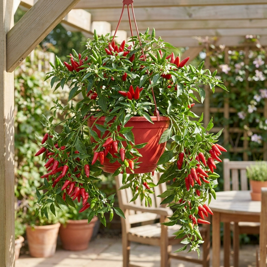 Chilli plant in a red hanging basket laden with slim bright red peppers and small white flowers