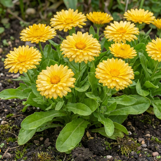 Soft yellow double calendula flowers held on upright stems above broad green leaves in a border