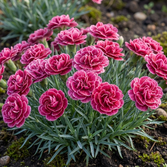 Cushion of double cerise-pink carnations with paler edges over grey-green grassy foliage