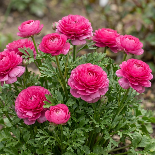 Bright pink fully double ranunculus blooms on upright stems above finely cut green foliage