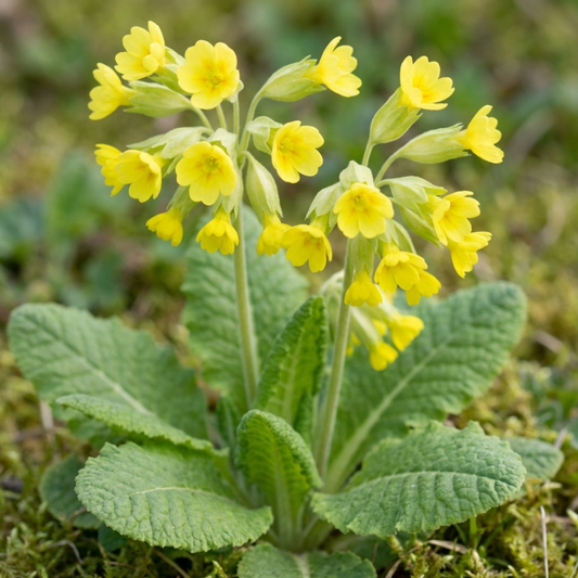 Cowslip with nodding clusters of yellow tubular flowers above a rosette of crinkled leaves