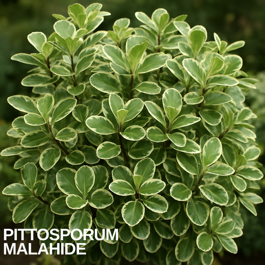 Rounded Pittosporum 'Malahide' bush with small green leaves edged in creamy white