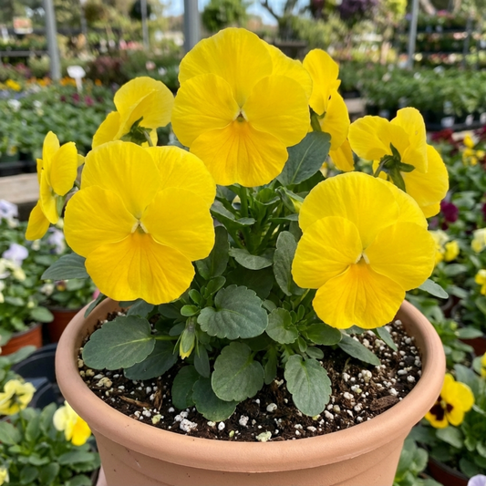 Clear bright yellow pansies with unmarked petals above fresh green leaves in a terracotta pot