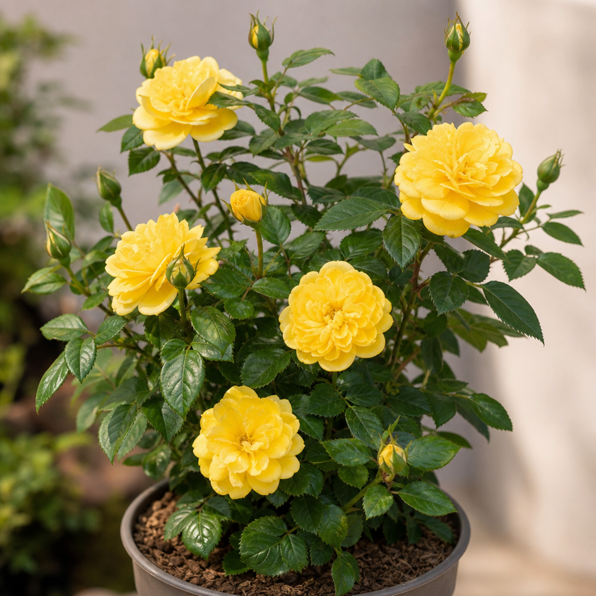 Patio rose with bright yellow double blooms and buds above glossy dark green leaves in a grey pot